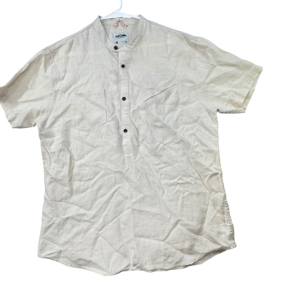 ourCaste Linen Henley Popover Shirt Mens Large Beige Skater Coastal Boho